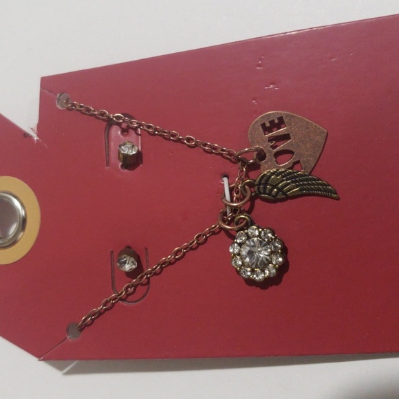 Bronze-tone Love Charm Necklace & Rhinestone Earrings – Romantic Jewelry Set - Picture 5 of 7